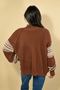 Stripe Pullover High Neck Sweater - Coffee