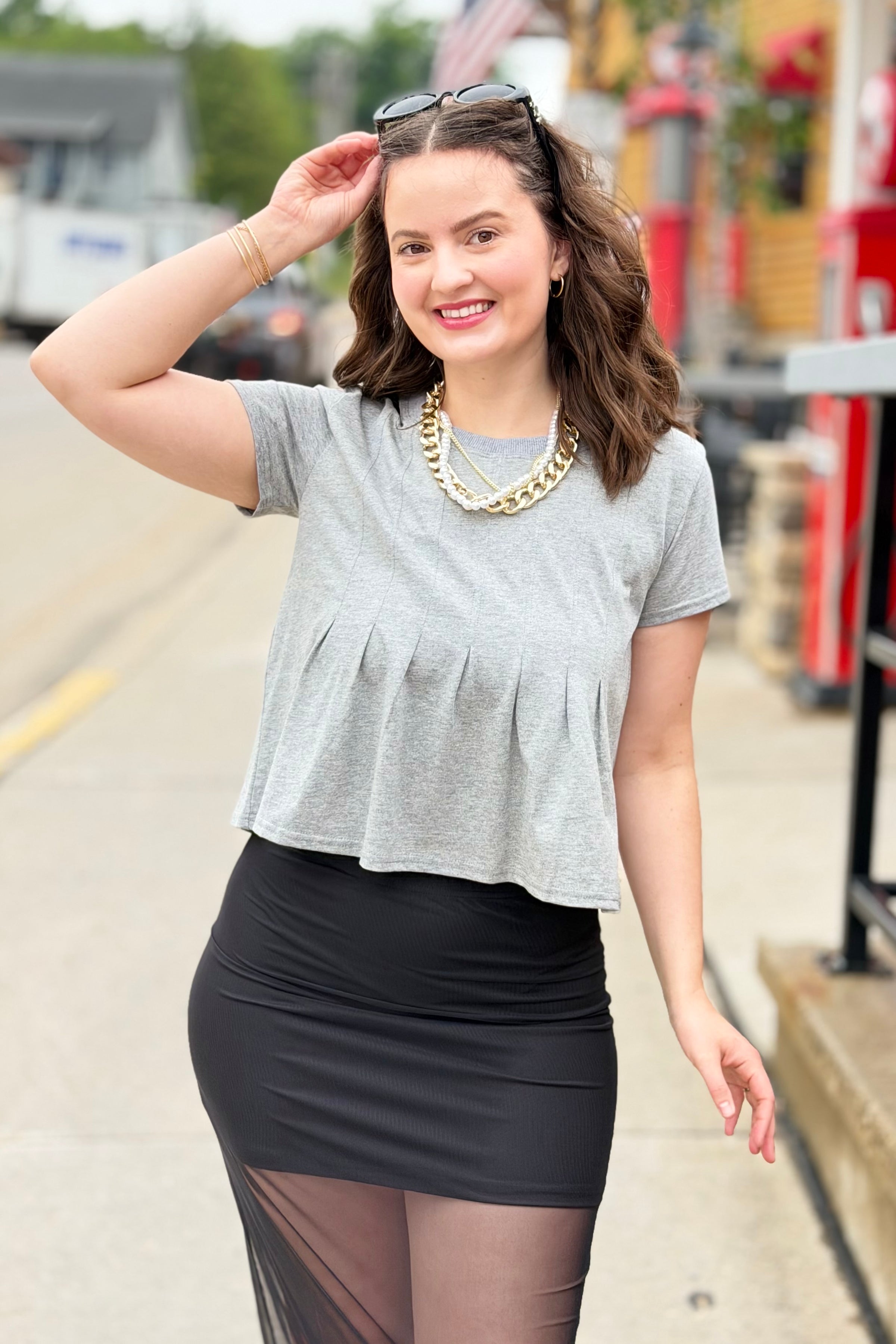 Pleated Swing Tee Top - Grey