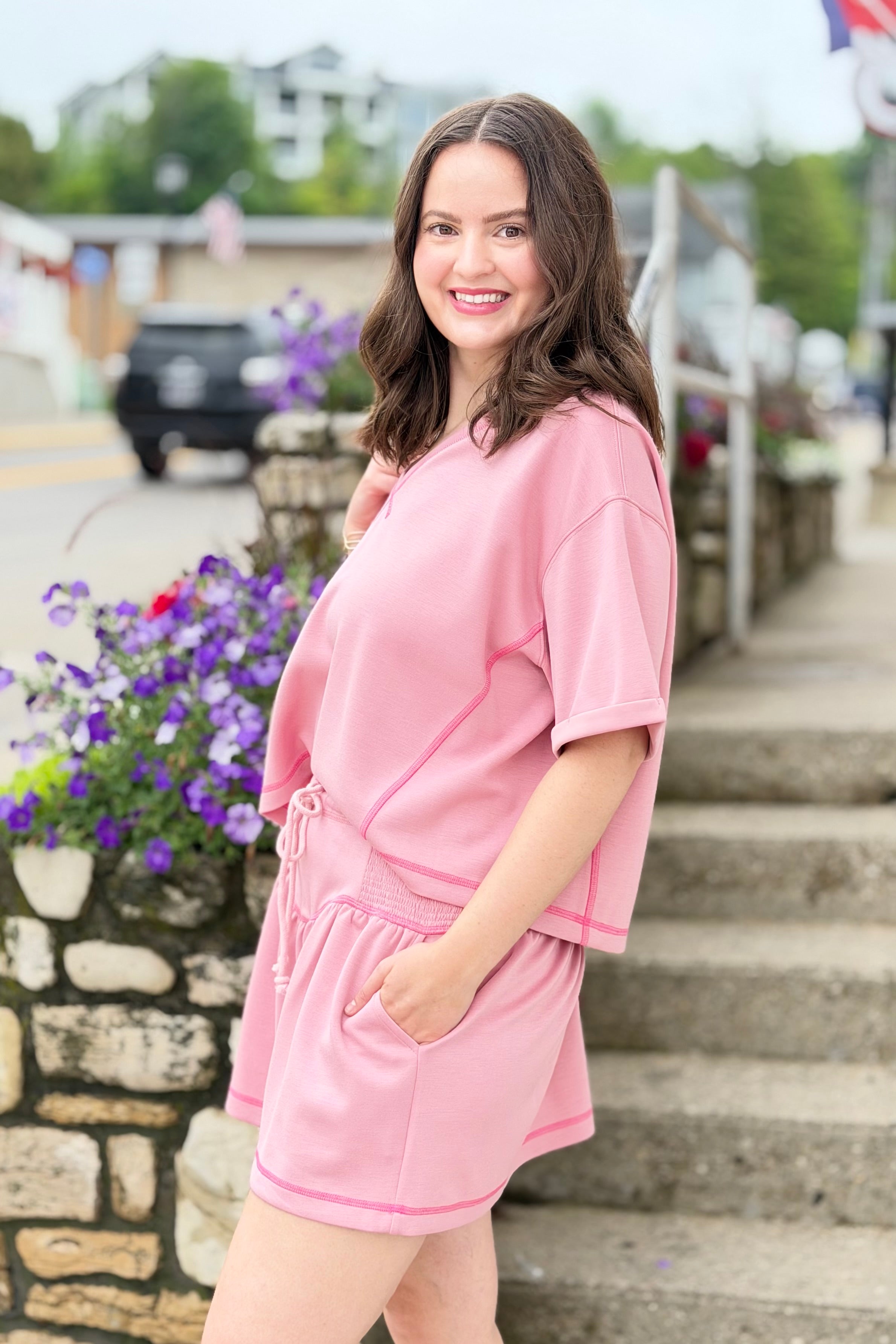 Soft Knit V-Neck Top - Light Pink