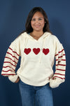 Heart Striped Sweater With Hoodie - Ivory