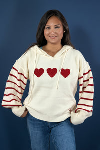 Heart Striped Sweater With Hoodie - Ivory