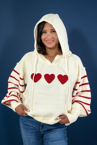 Heart Striped Sweater With Hoodie - Ivory