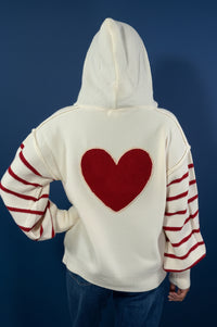 Heart Striped Sweater With Hoodie - Ivory