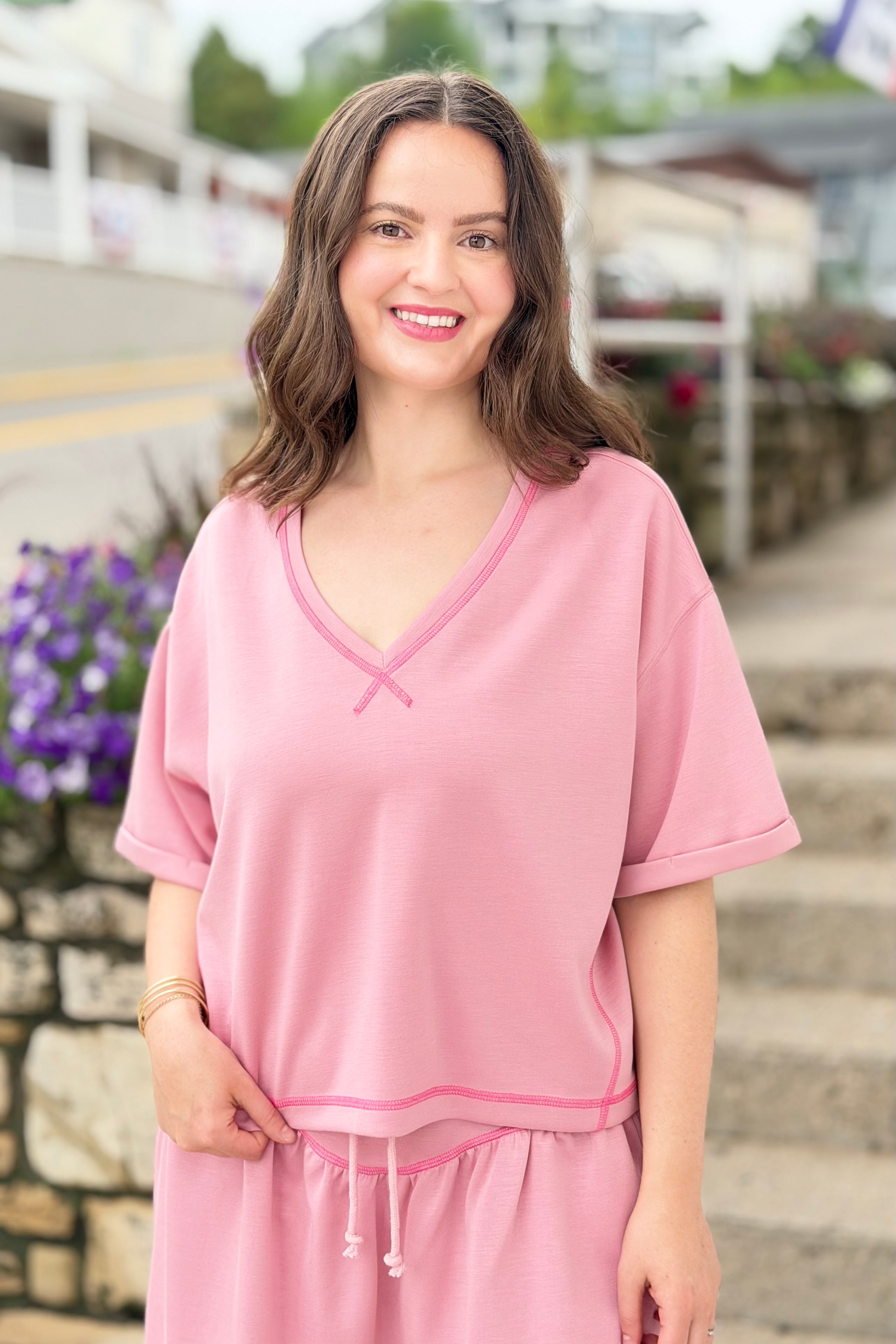 Soft Knit V-Neck Top - Light Pink