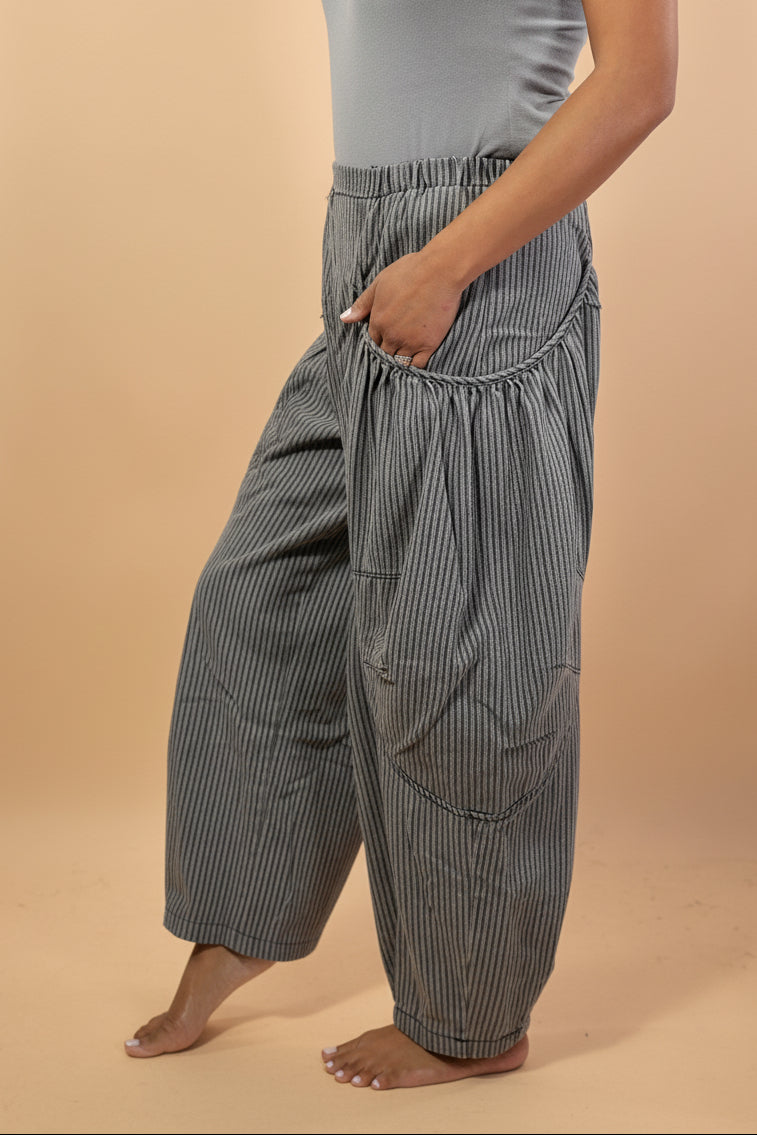 Striped Denim Barrel Pants - Grey Denim