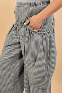 Striped Denim Barrel Pants - Grey Denim