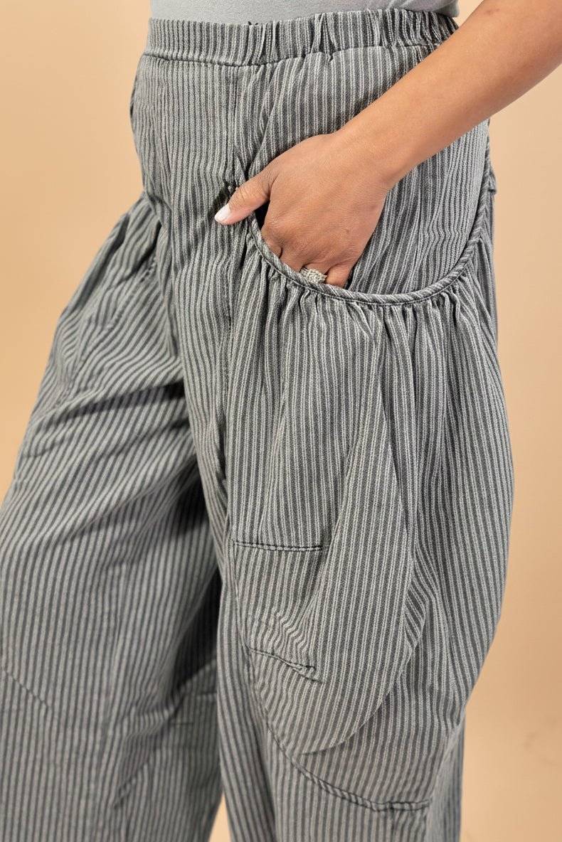 Striped Denim Barrel Pants - Grey Denim