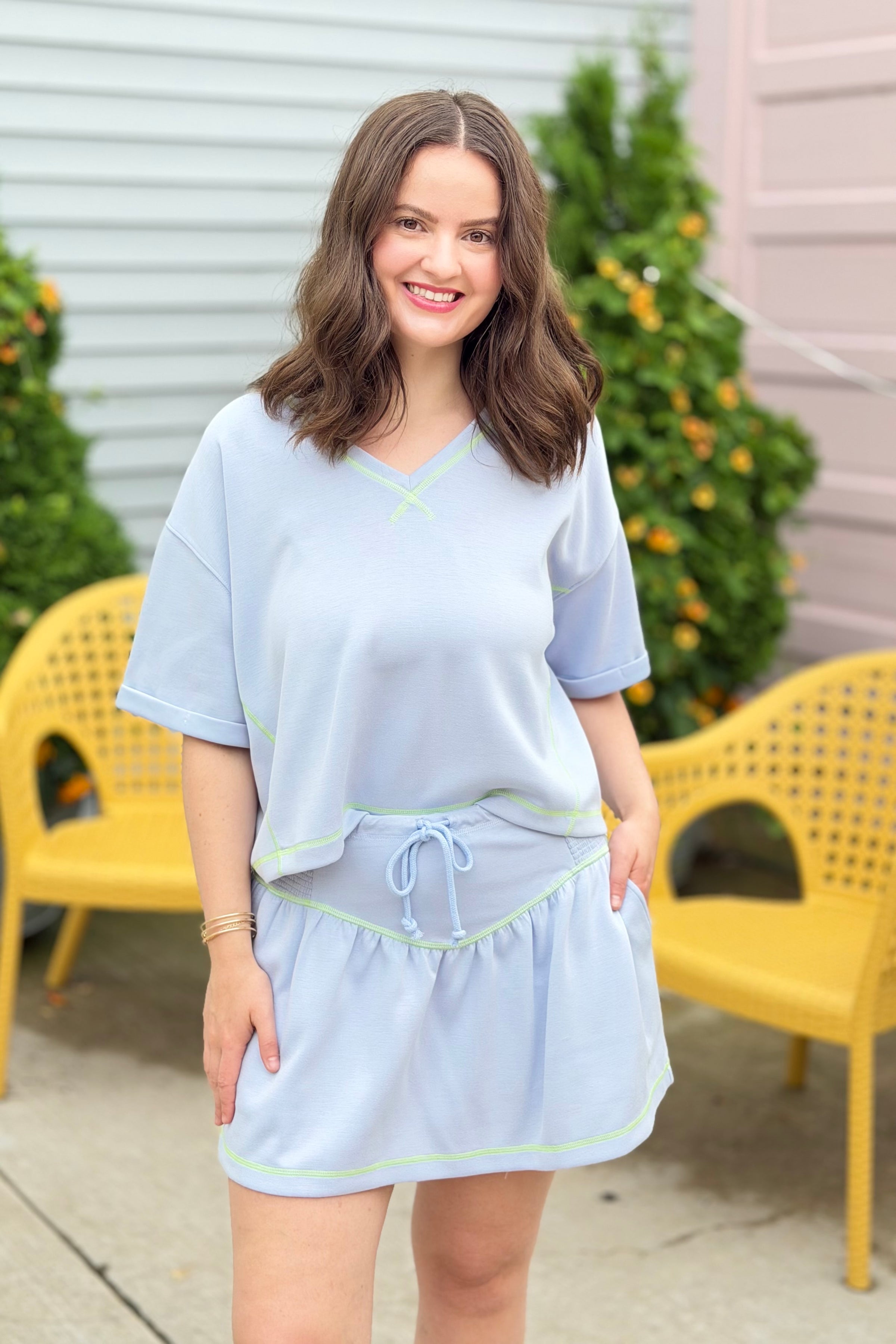 Soft Knit V-Neck Top - Light Blue