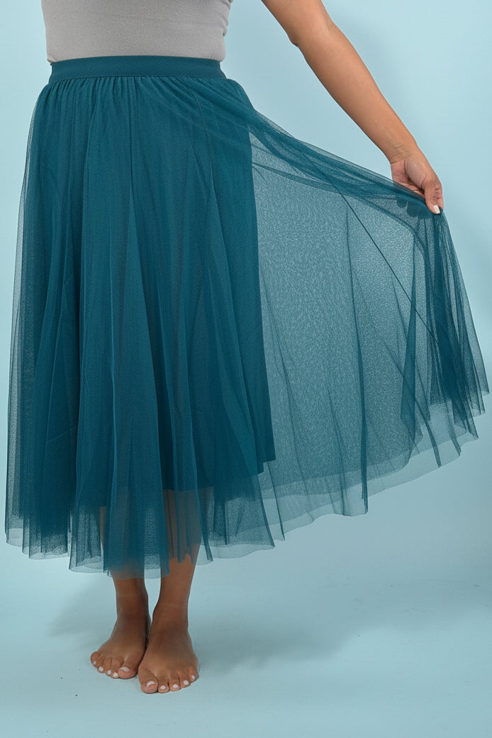 Mesh Tulle A-Line Skirt - Dark Green