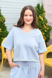 Soft Knit V-Neck Top - Light Blue