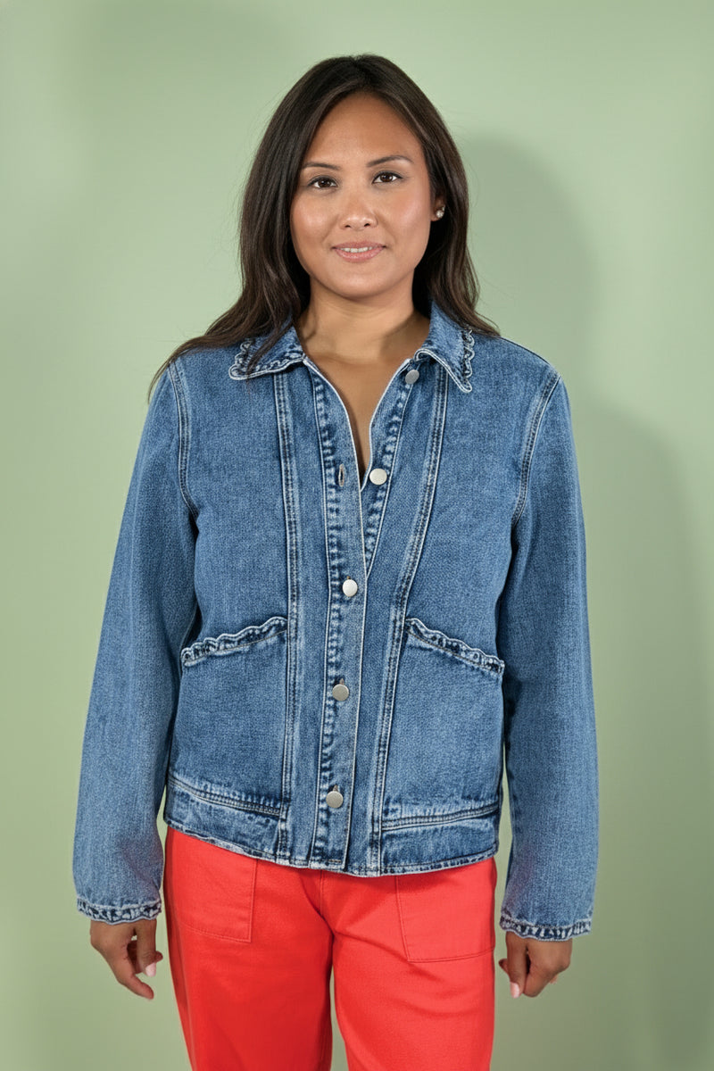 Scallop Trim Collar Denim Jacket - Dark Blue