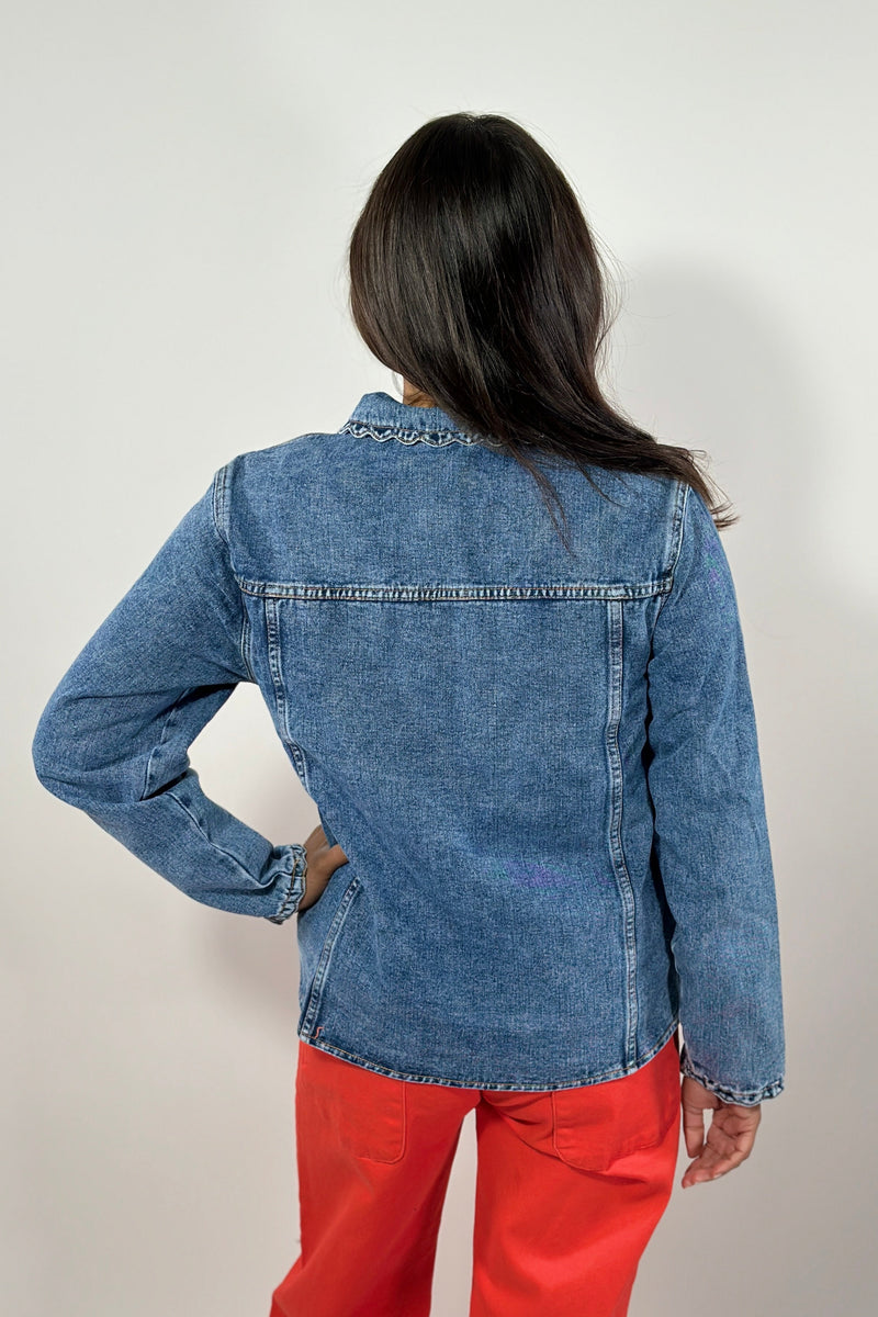 Scallop Trim Collar Denim Jacket - Dark Blue