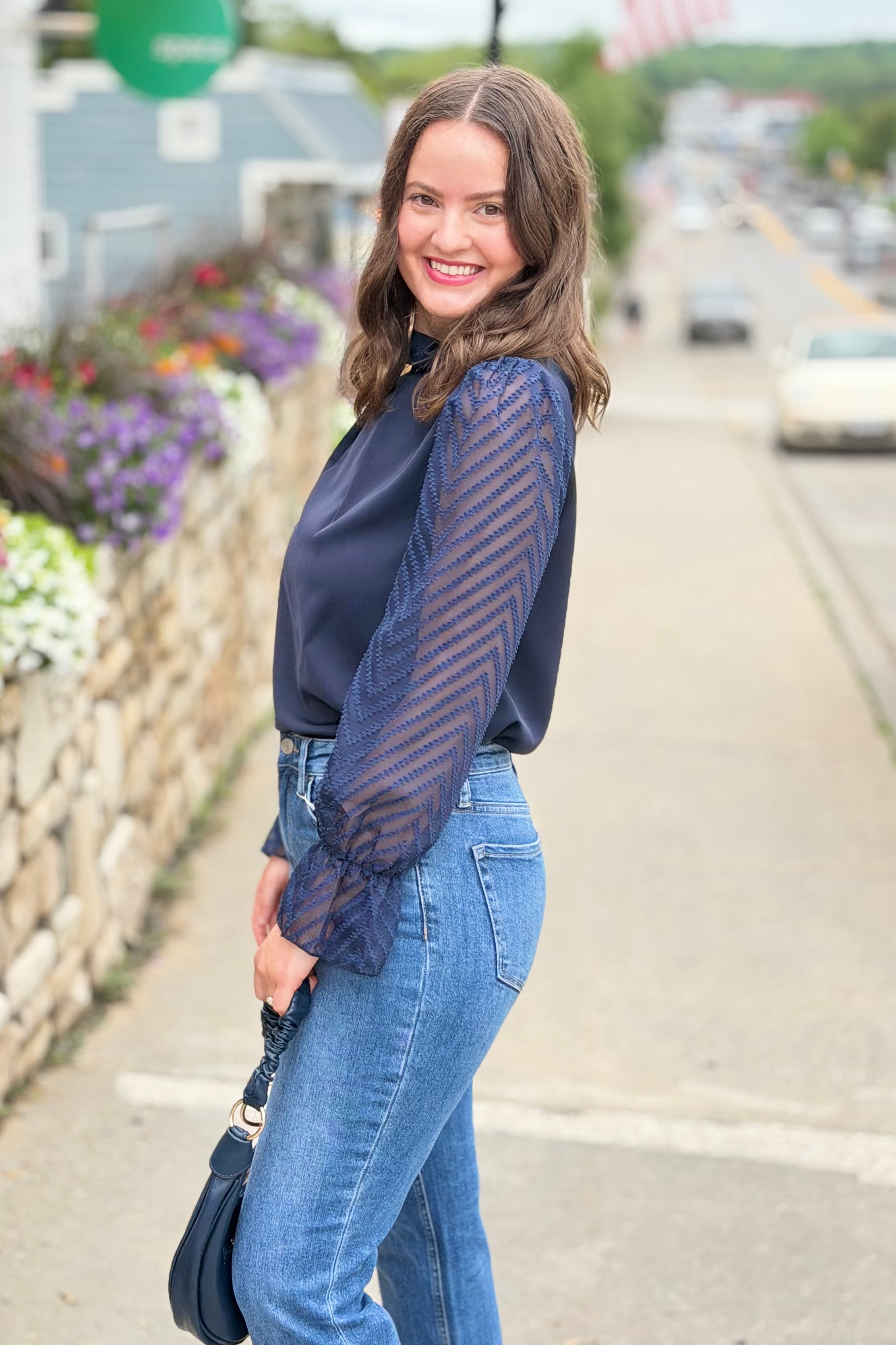Chiffon High Neck Sheer Sleeve Top