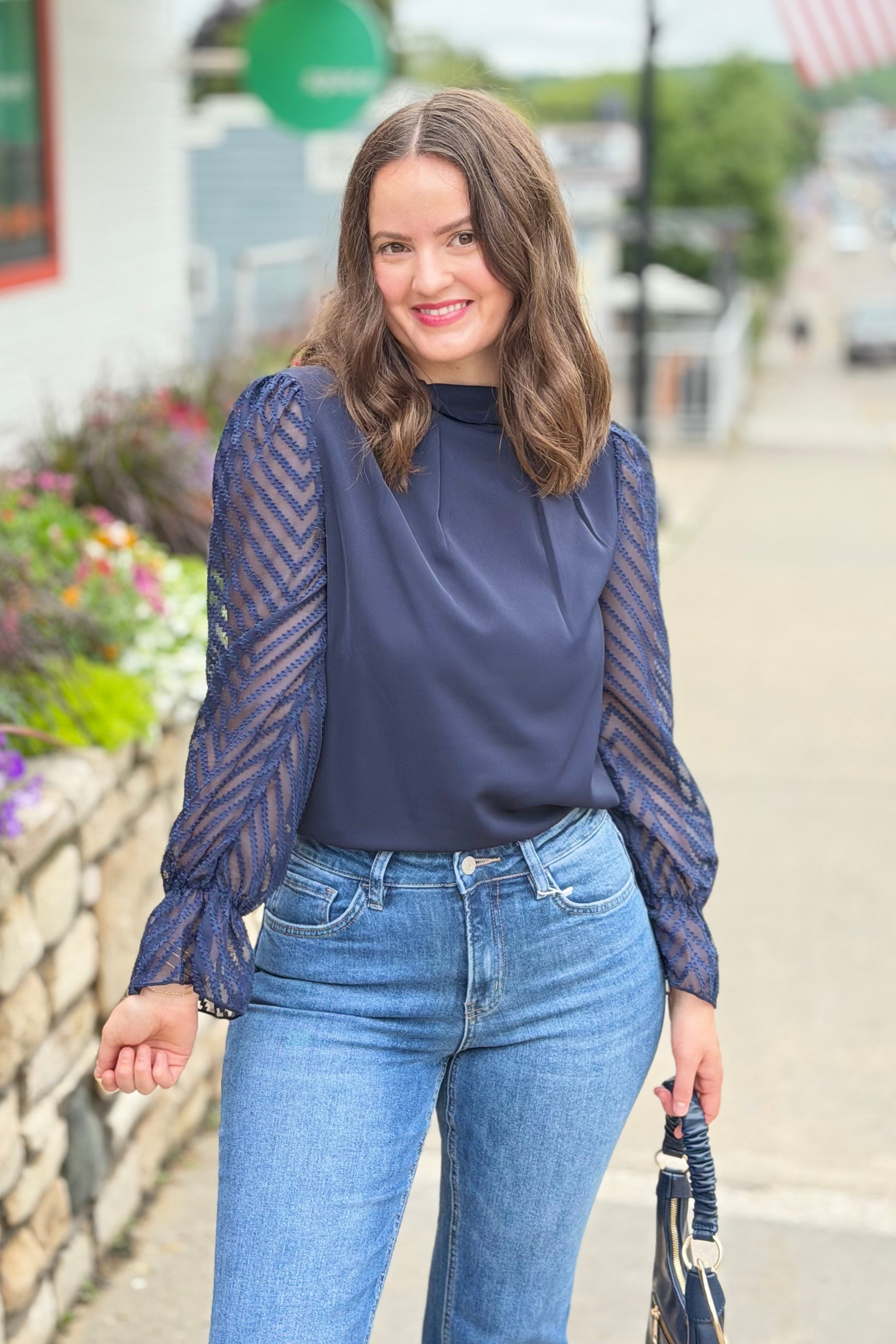 Chiffon High Neck Sheer Sleeve Top