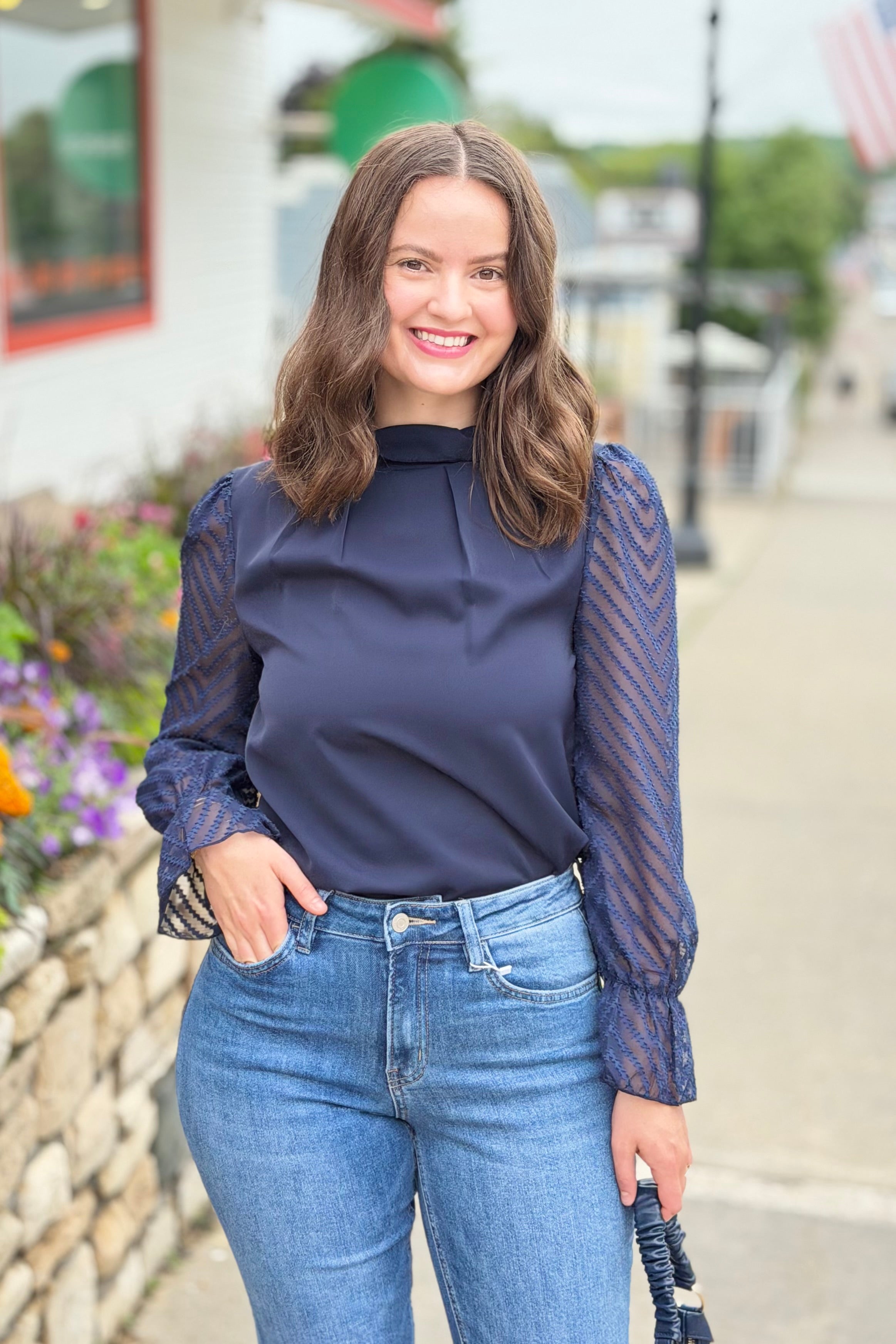 Chiffon High Neck Sheer Sleeve Top