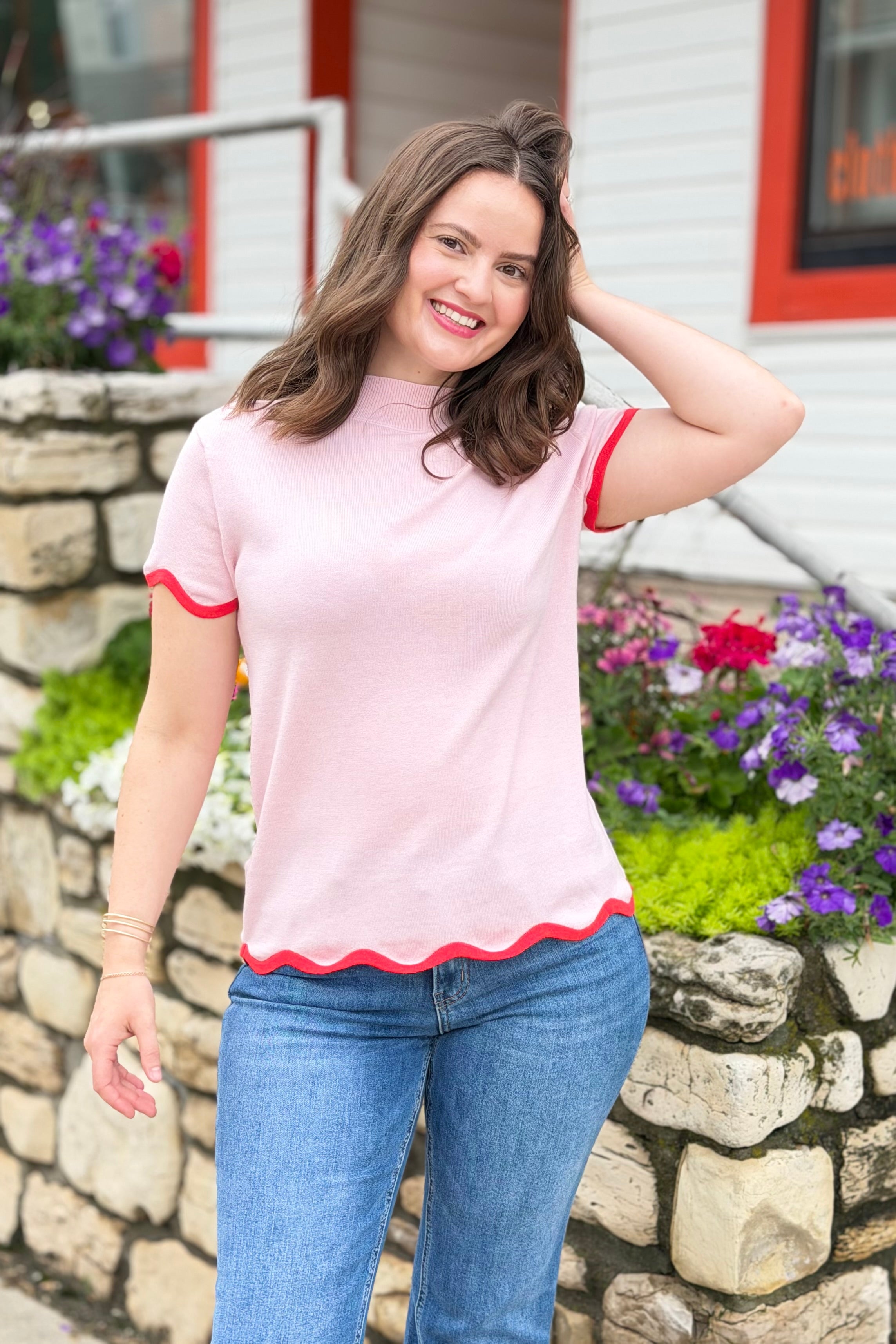 Wavy Trim Short Sleeve Top - Pink