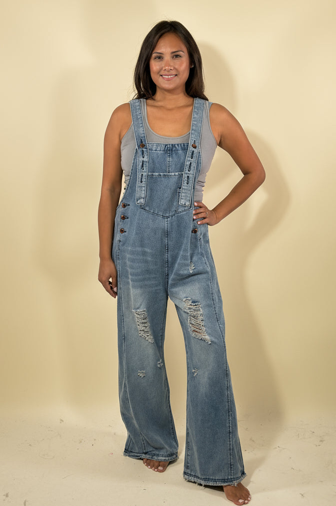 Southern Country Distressed Washed Denim Overall - DarkBlue