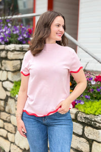 Wavy Trim Short Sleeve Top - Pink