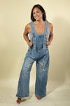 Southern Country Distressed Washed Denim Overall - DarkBlue
