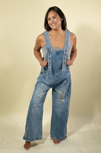 Southern Country Distressed Washed Denim Overall - DarkBlue