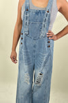 Southern Country Distressed Washed Denim Overall - DarkBlue