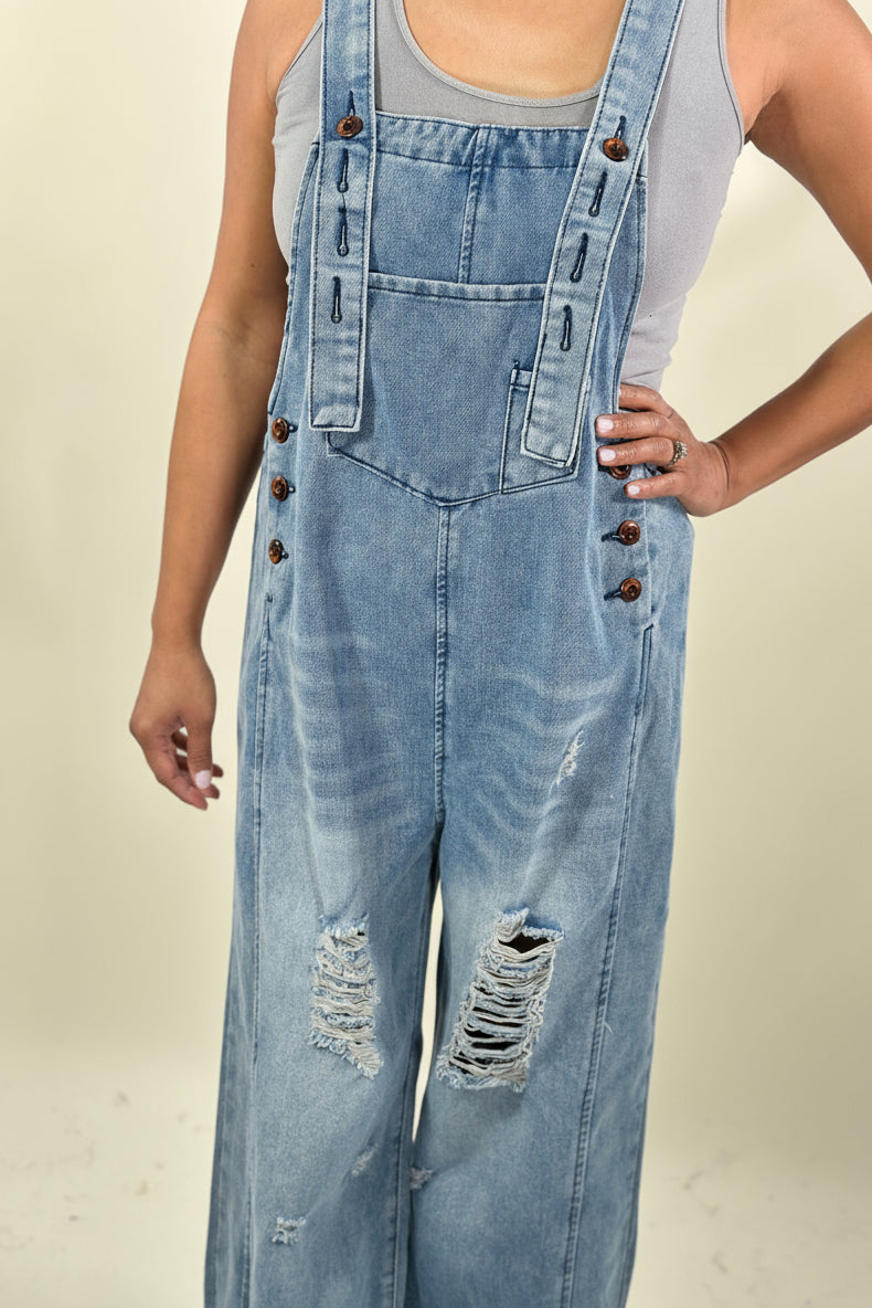 Southern Country Distressed Washed Denim Overall - DarkBlue