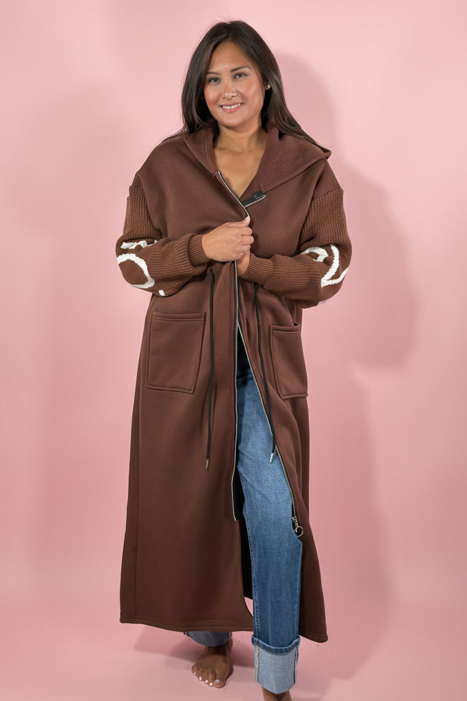 Love Print Hooded Sweatshirt Coat - Brown