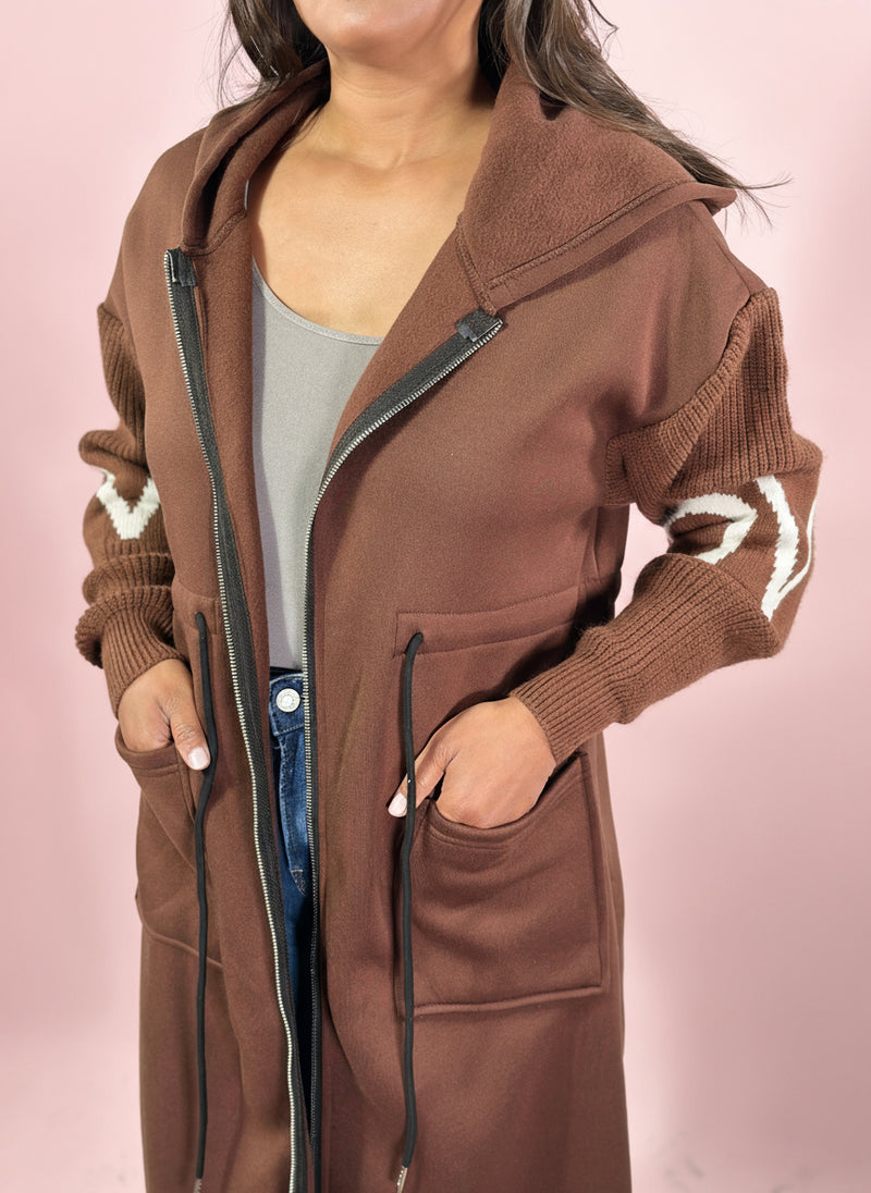 Love Print Hooded Sweatshirt Coat - Brown