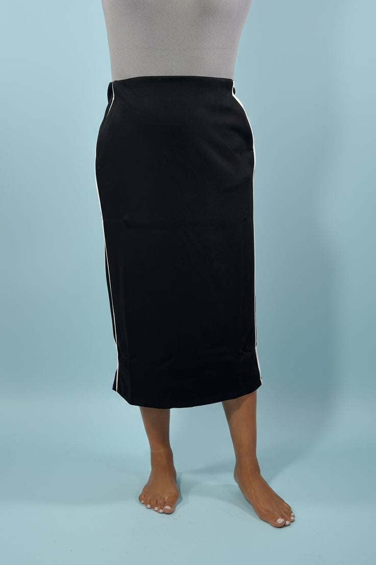 Side Stripe Knit Midi Skirt - Black