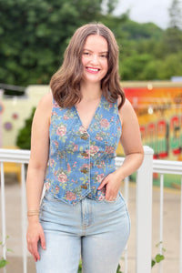 Big Ditsy Flower Printed Denim Vest