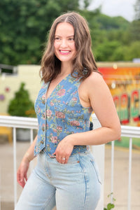 Big Ditsy Flower Printed Denim Vest