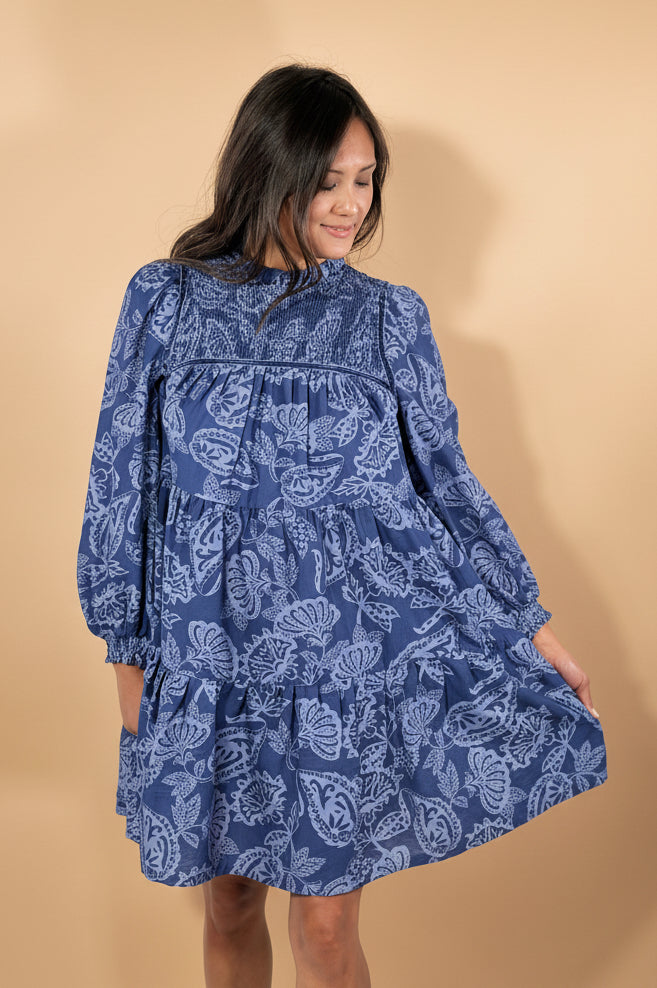 Floral Smocked Tiered Mini Dress - Navy