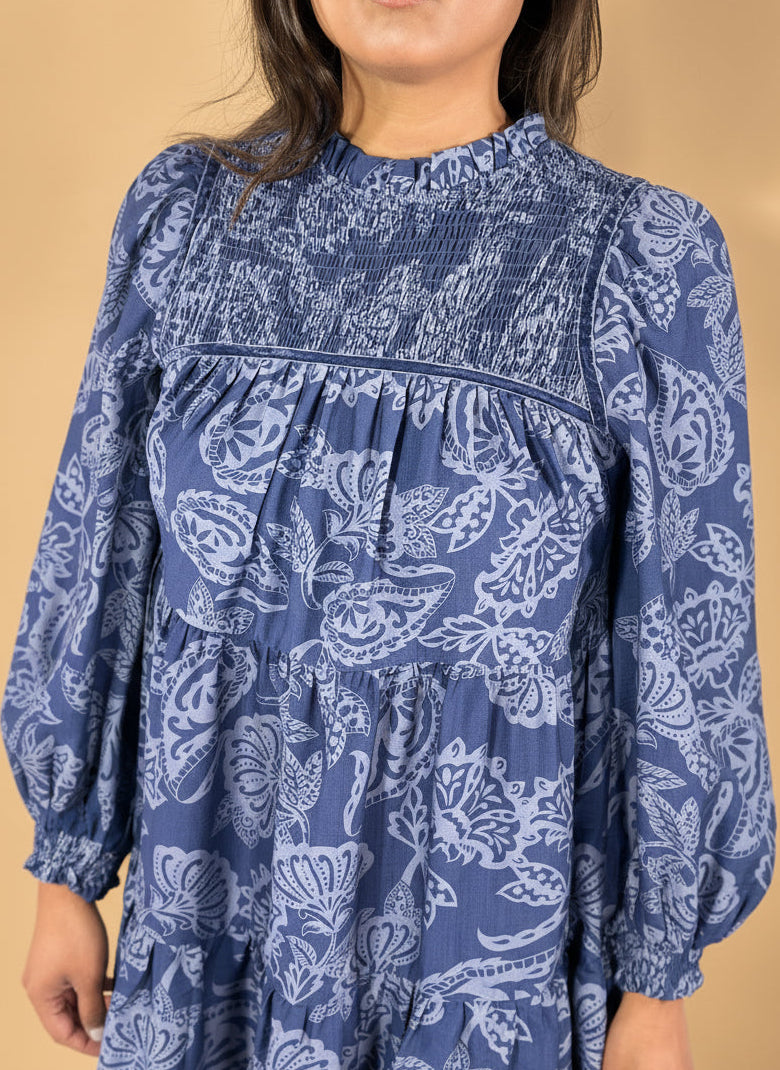 Floral Smocked Tiered Mini Dress - Navy