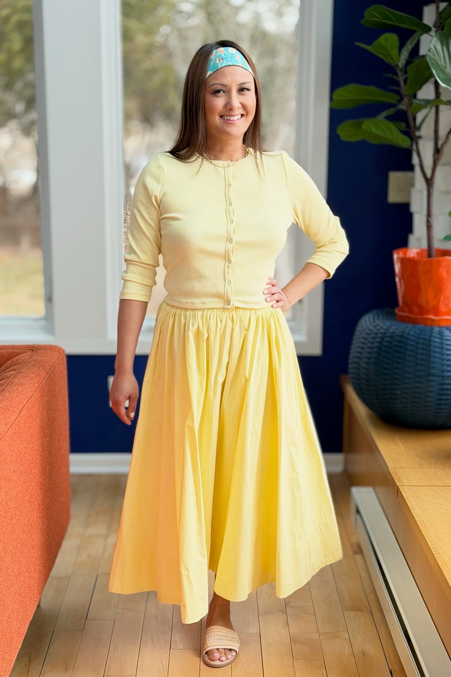 Elastic Waist Midi Skirt - Lemon
