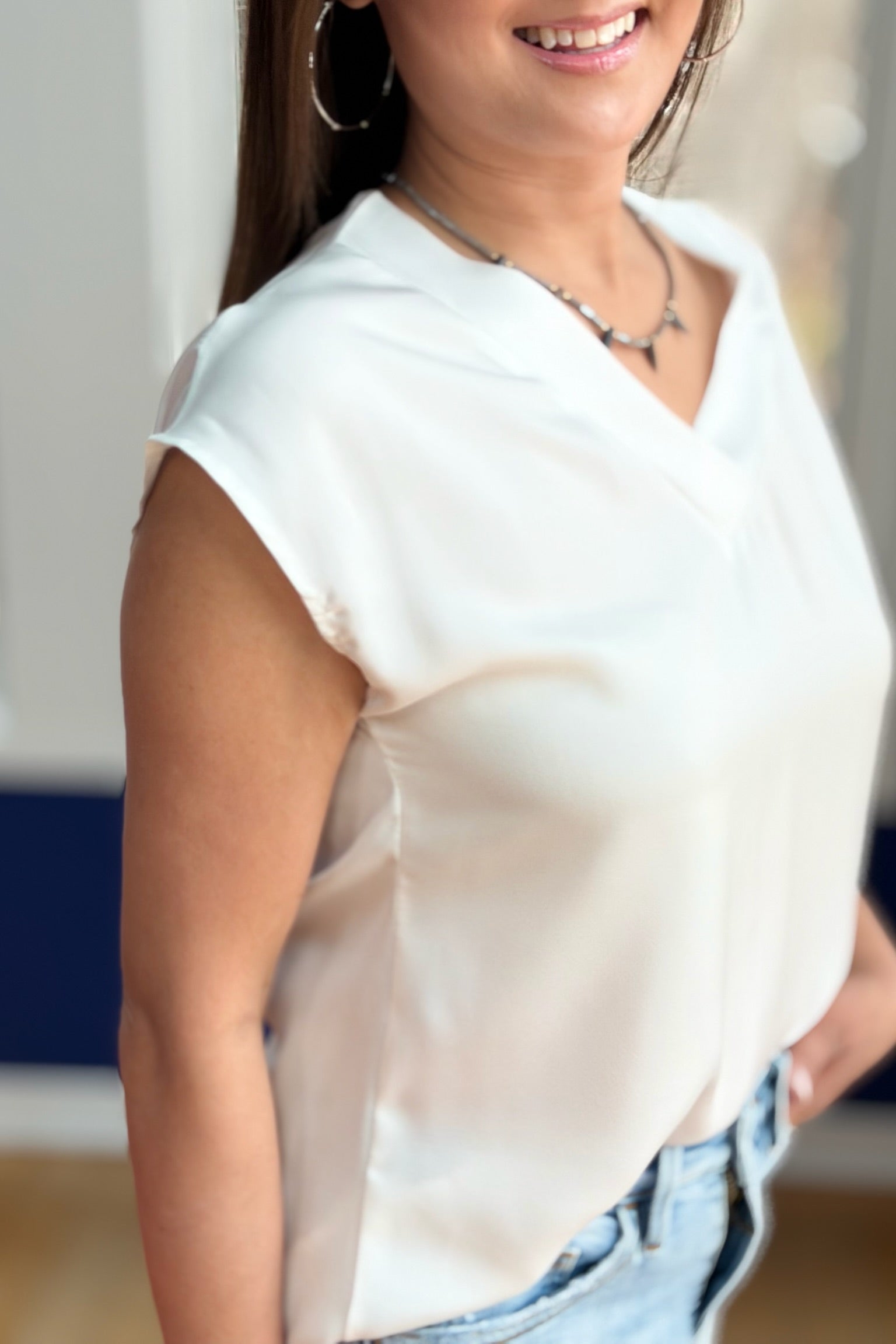 V Neck Satin Blouse - White