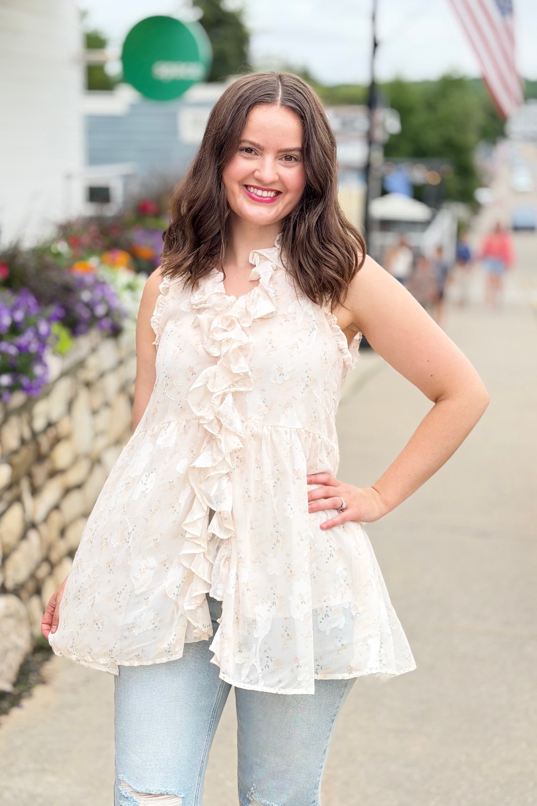 Floral Ruffled Tunic Top - Ivory