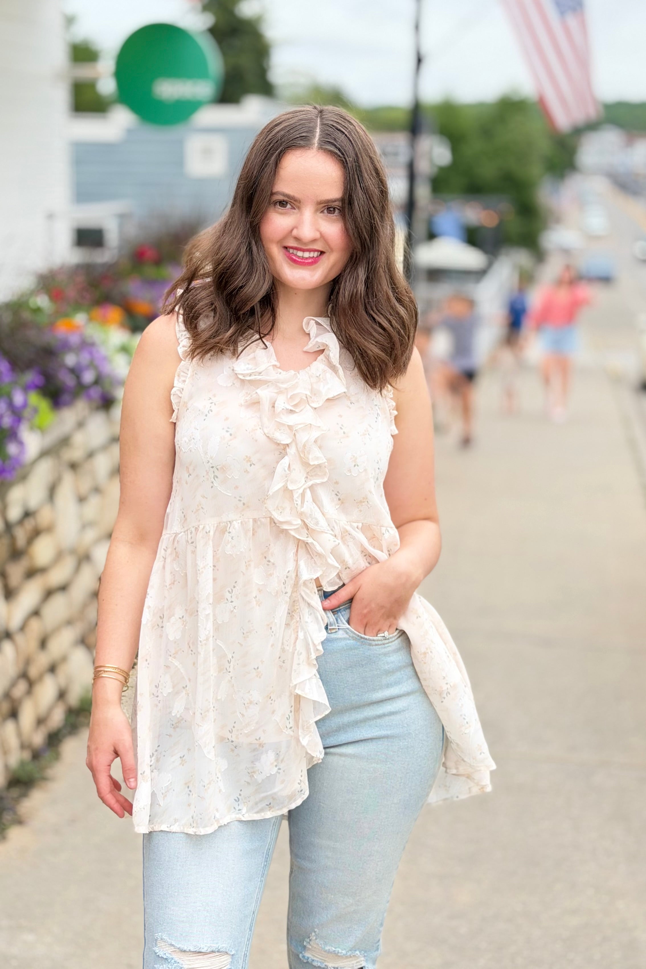 Floral Ruffled Tunic Top - Ivory