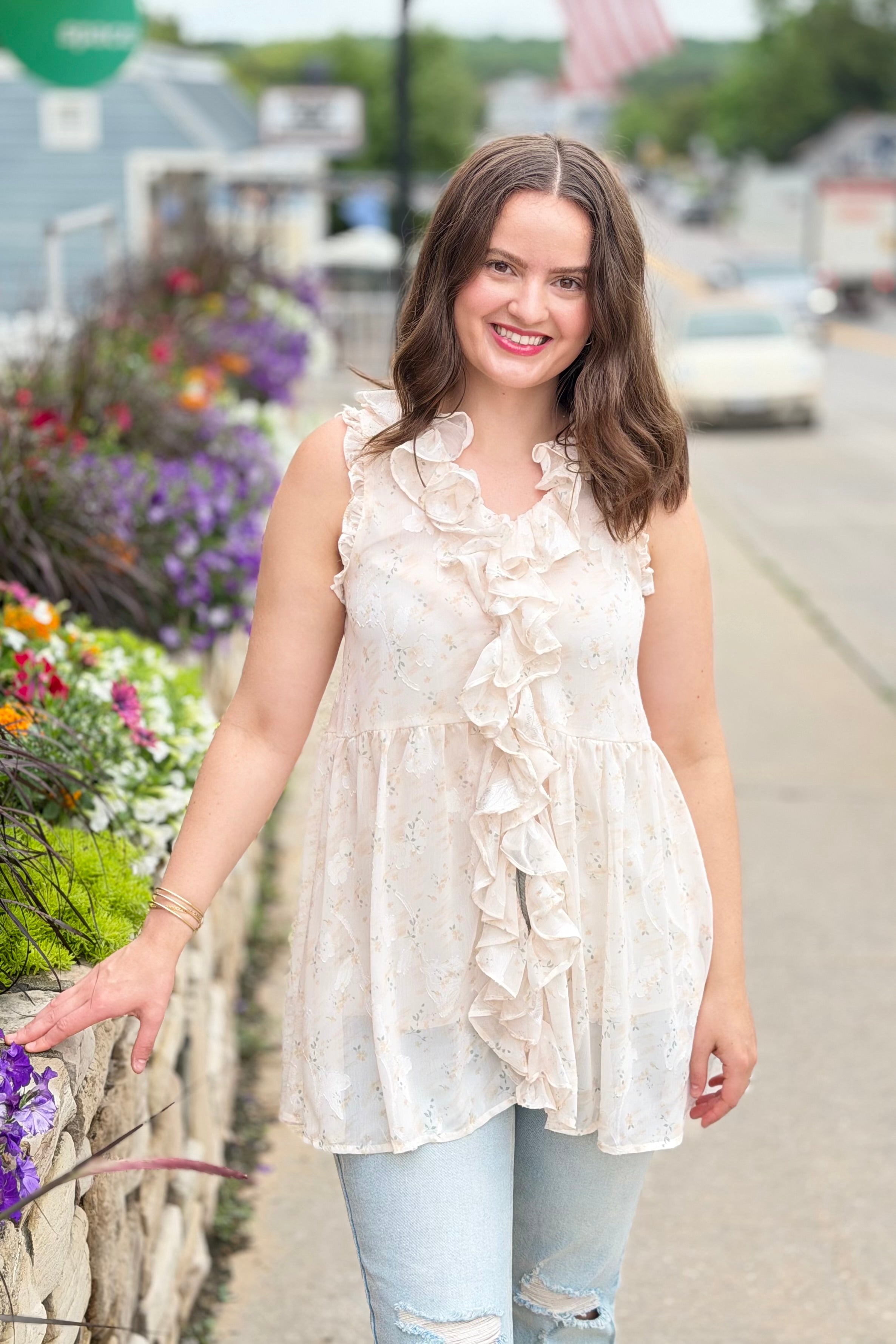 Floral Ruffled Tunic Top - Ivory