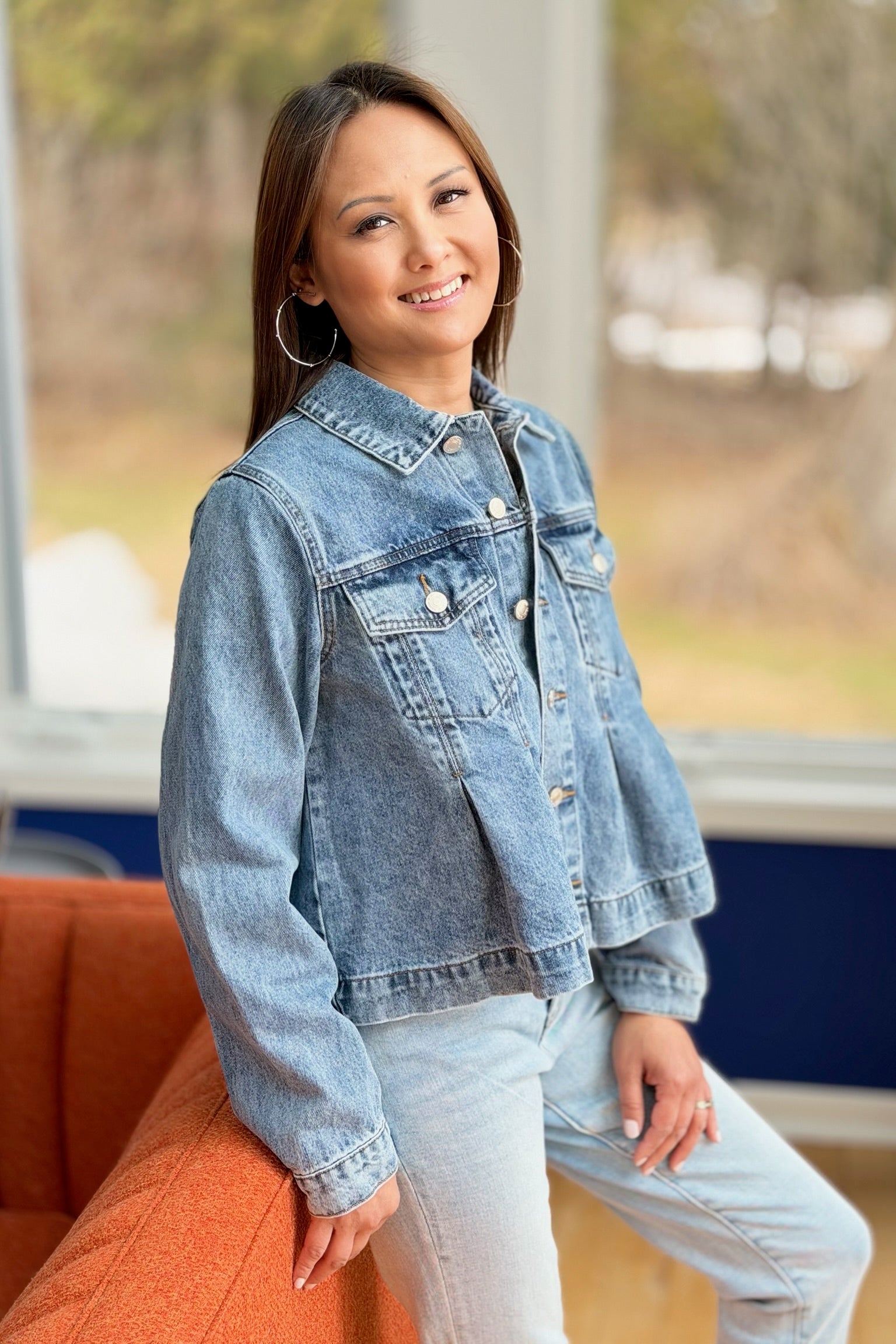 Pleated A-Line Denim Jacket