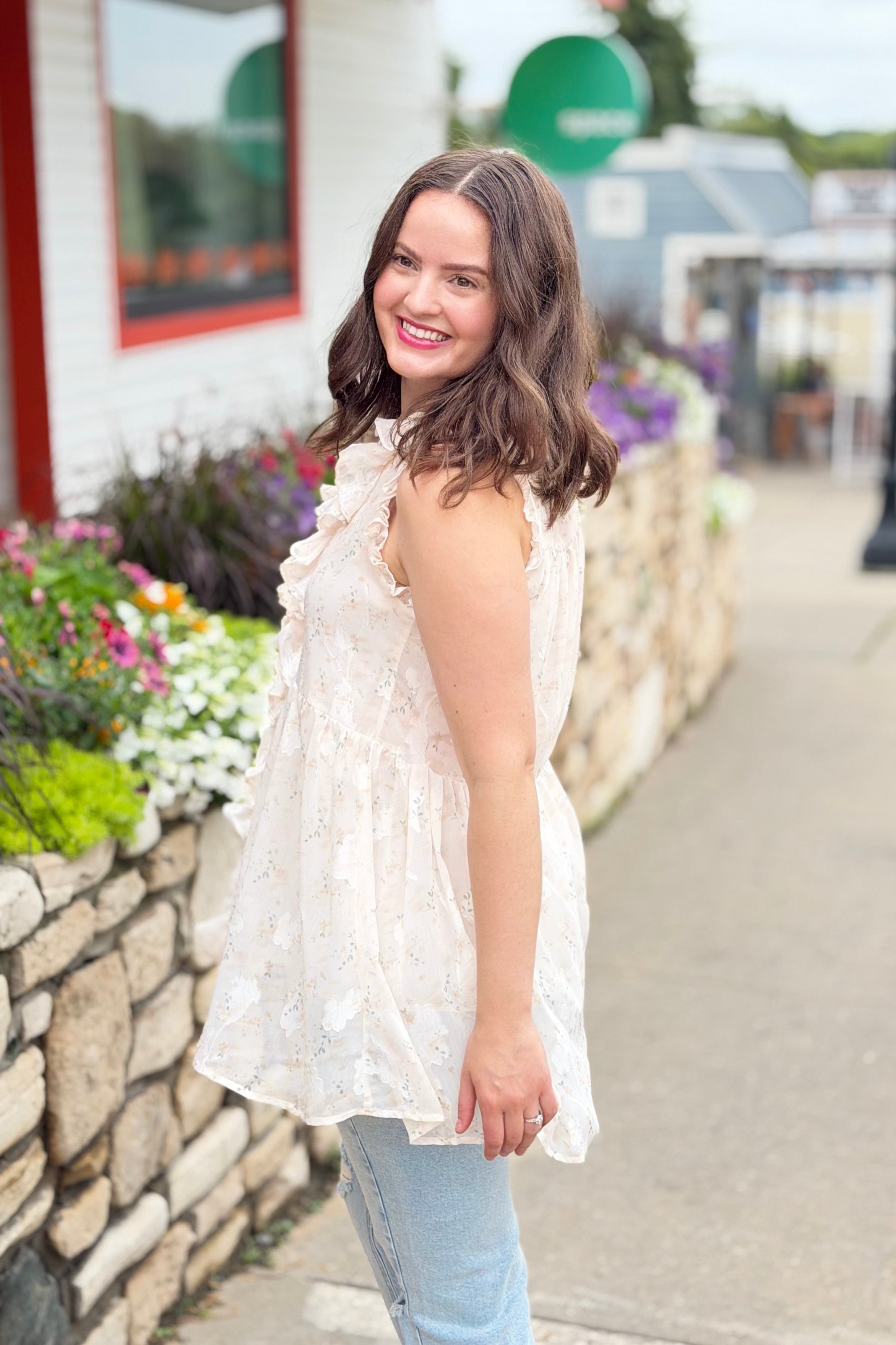 Floral Ruffled Tunic Top - Ivory