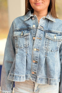 Pleated A-Line Denim Jacket