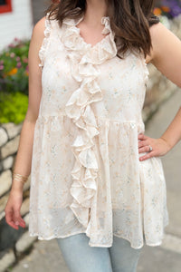 Floral Ruffled Tunic Top - Ivory