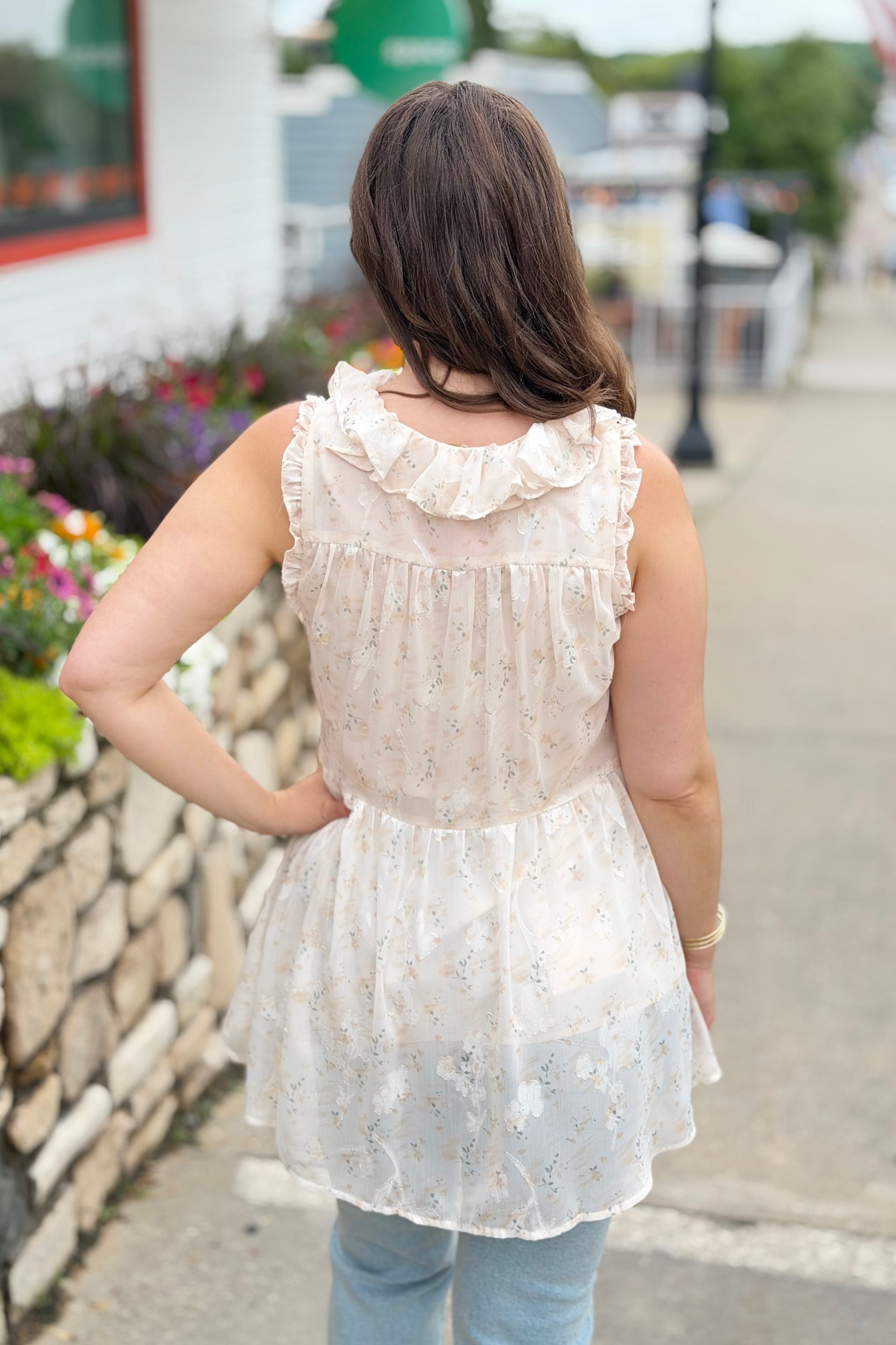 Floral Ruffled Tunic Top - Ivory