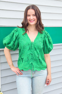 Friona Eyelet Puff Sleeve Top - Green