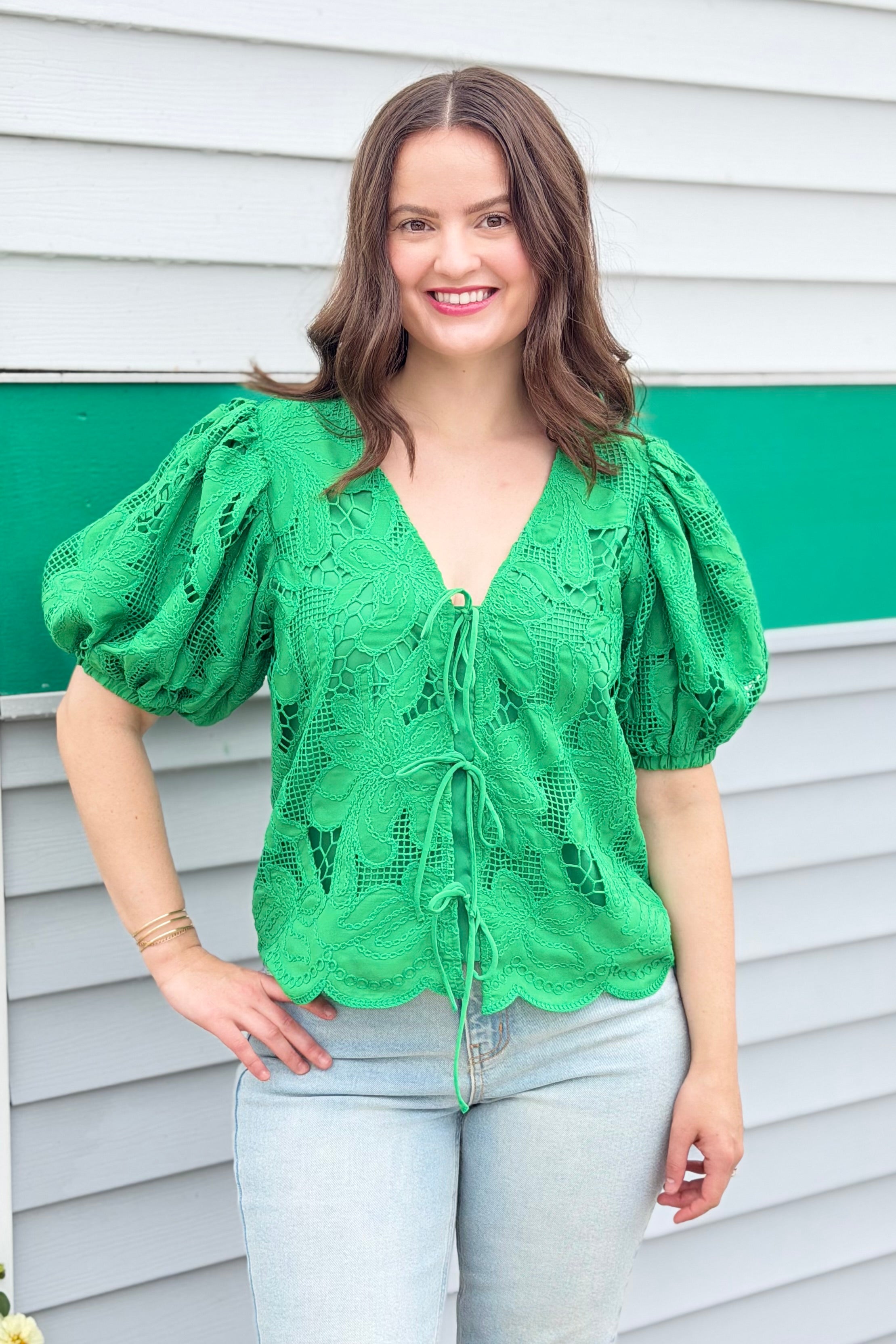 Friona Eyelet Puff Sleeve Top - Green