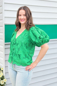 Friona Eyelet Puff Sleeve Top - Green