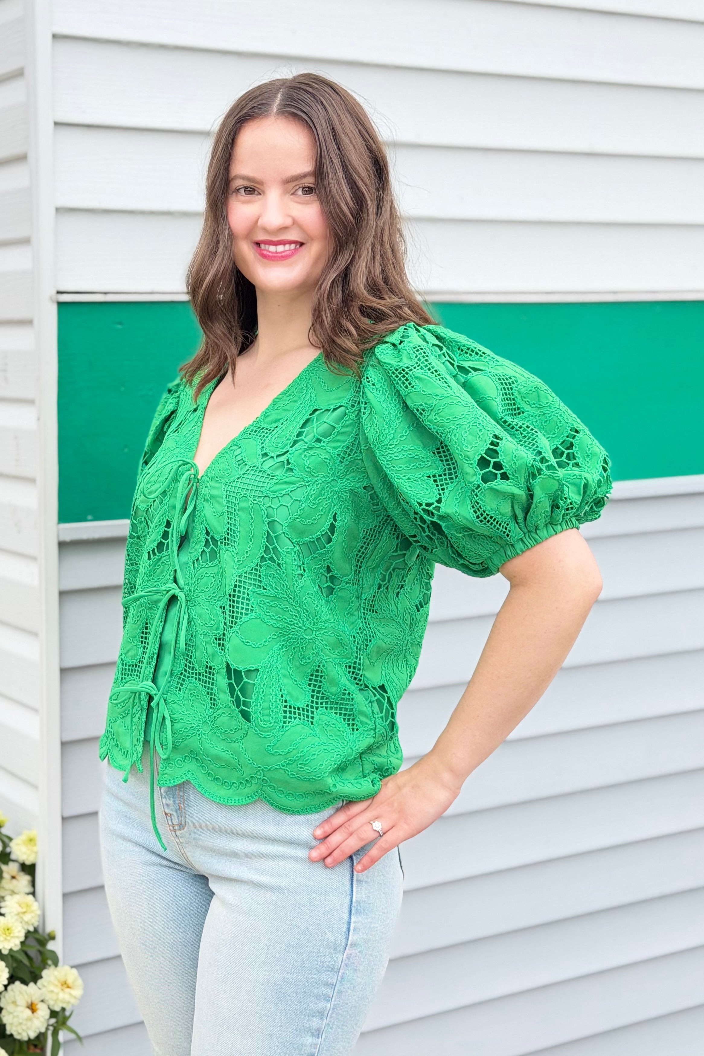 Friona Eyelet Puff Sleeve Top - Green