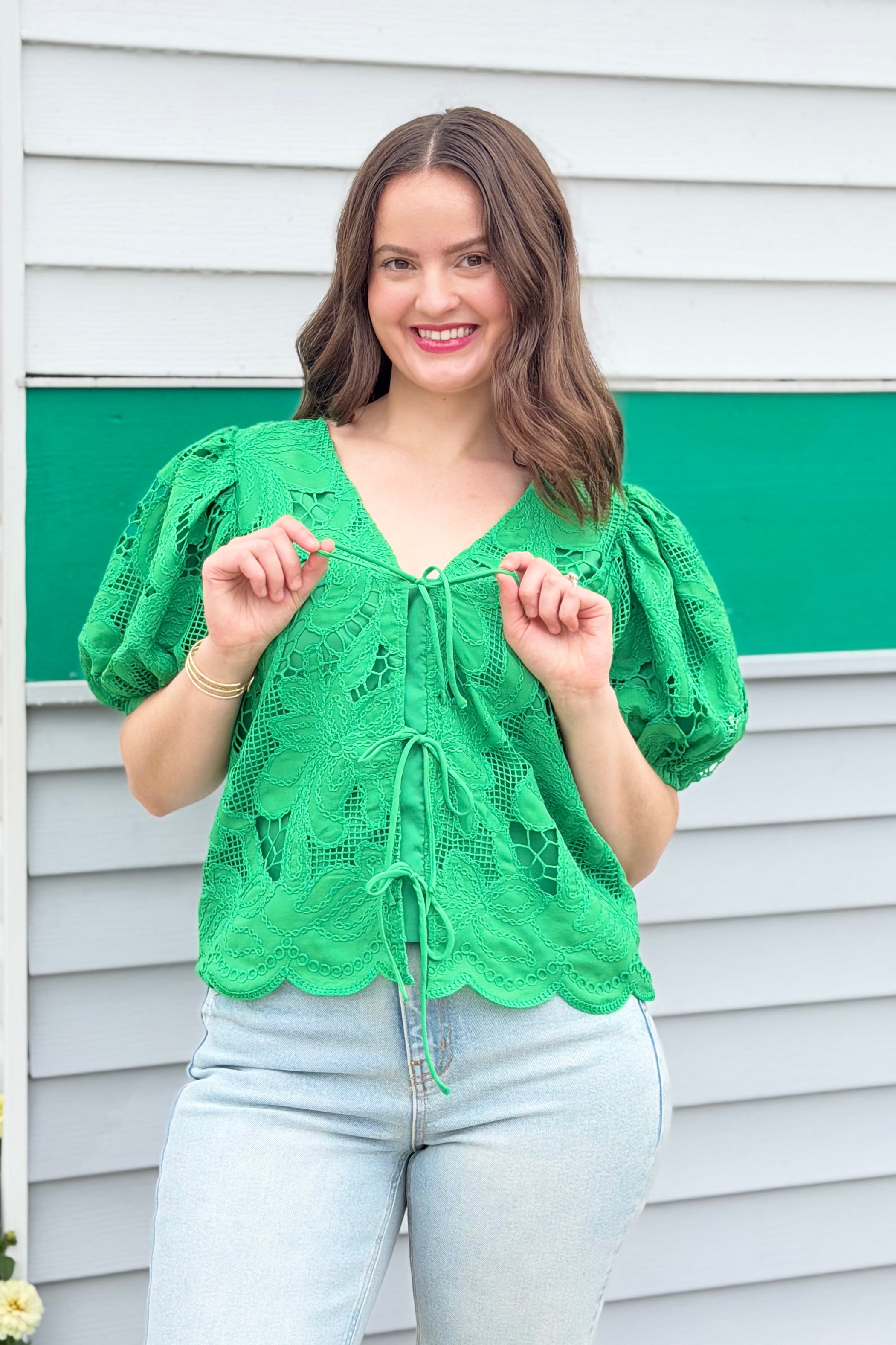 Friona Eyelet Puff Sleeve Top - Green