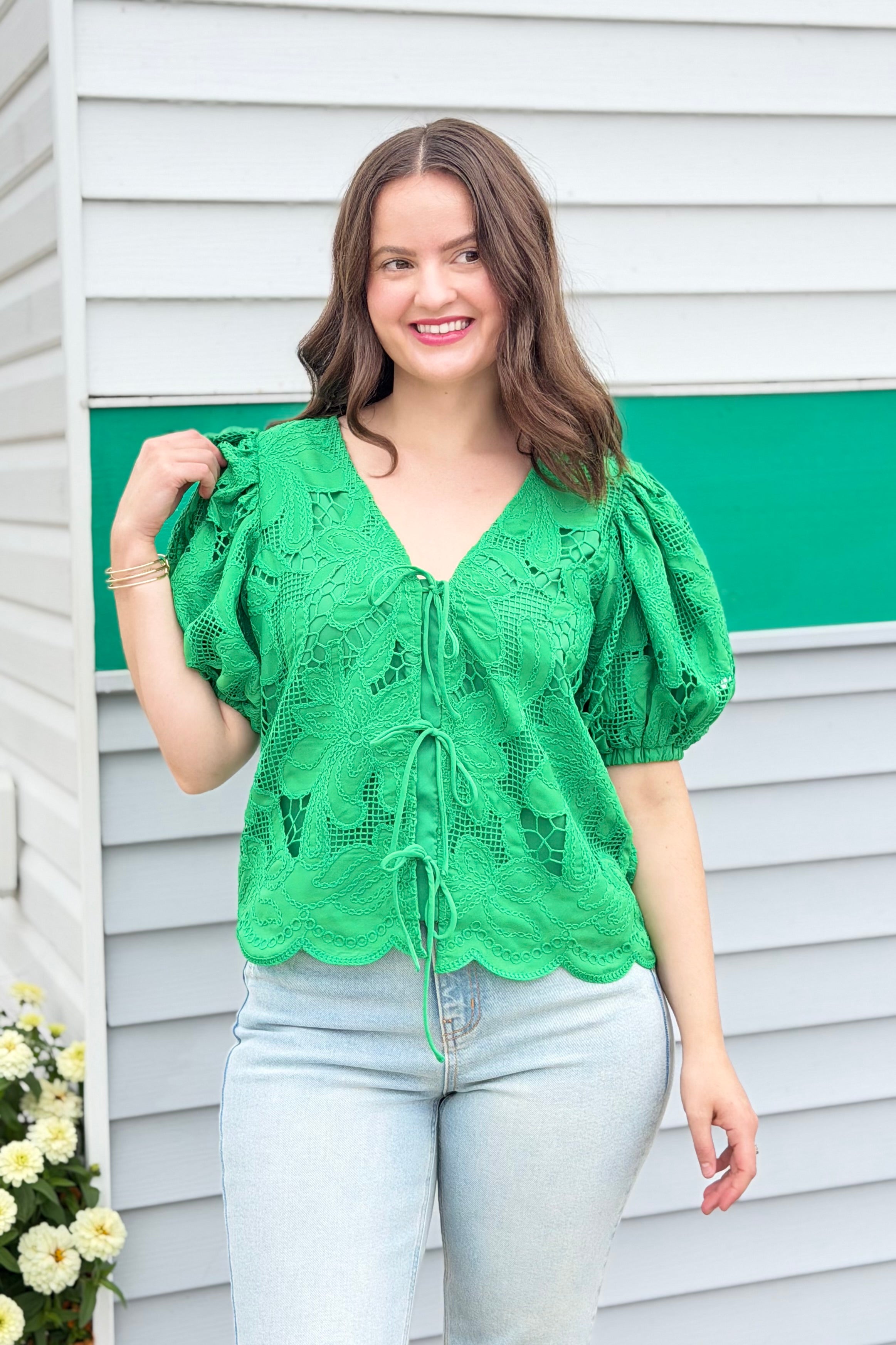 Friona Eyelet Puff Sleeve Top - Green
