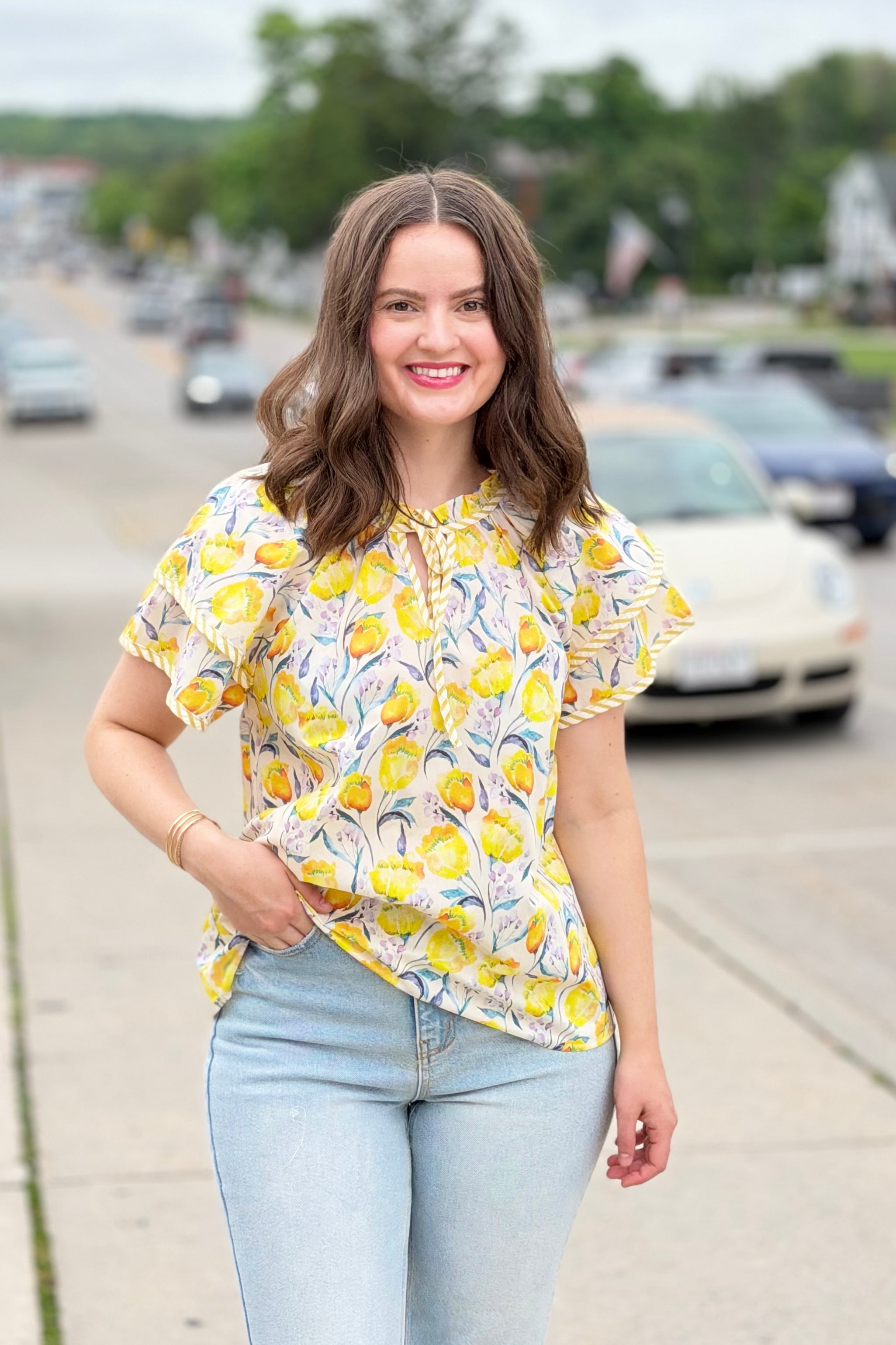 Double Sleeve Floral Print Top - Yellow